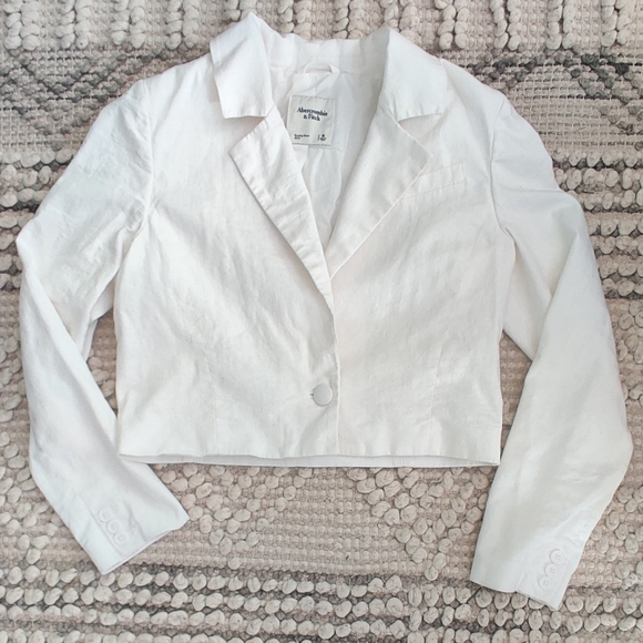 Abercrombie & Fitch Linen Blend Cropped Blazer In White Size Medium - Picture 3 of 7